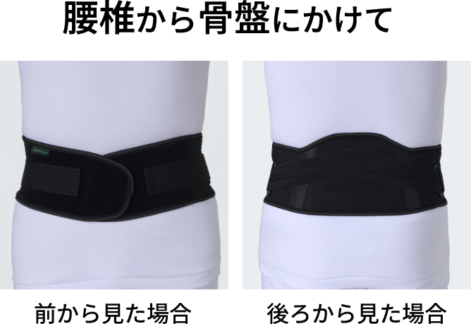 サポート範囲 腰椎から骨盤にかけて 前から見た場合/後ろから見た場合