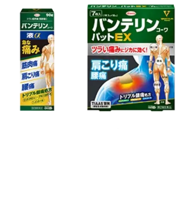 バンテリンコーワ 液α／バンテリンコーワ パットEX 効能・効果/腰痛、関節痛 第2類医薬品