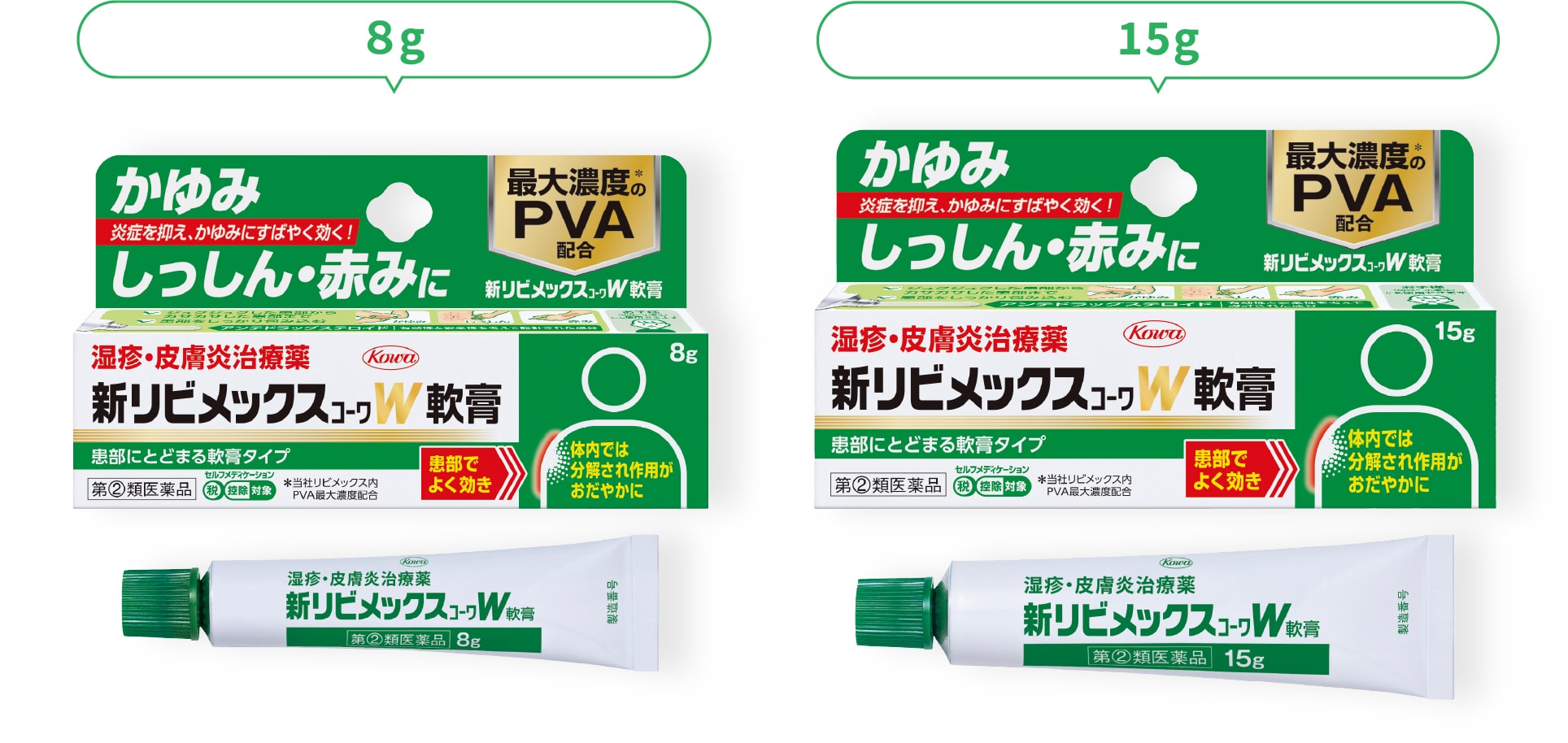 新リビメックスｺｰﾜW軟膏8g、15gの製品パッケージ