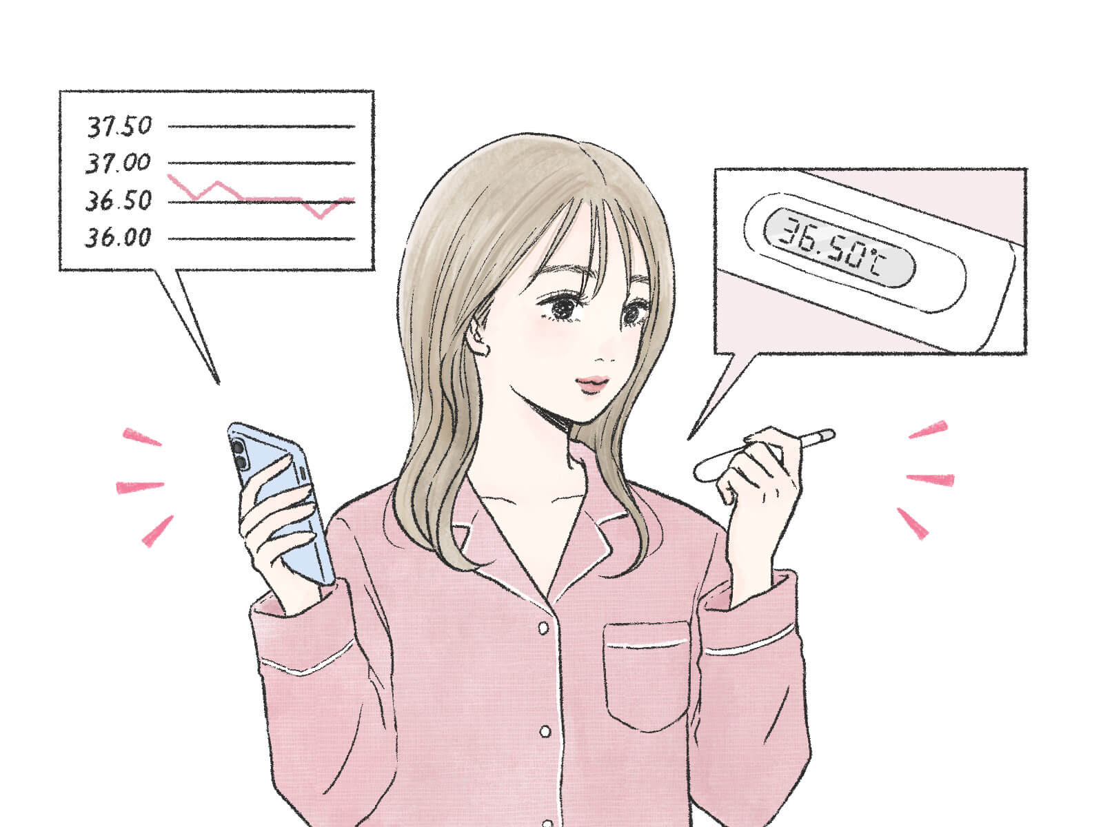 基礎体温を測ってスマホに記録している女性のイラスト