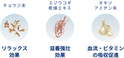 チョウジ末 リラック 効果 エゾウコギ 滋養強壮効果 アミヂン末 血流・ビタミンの吸収促進