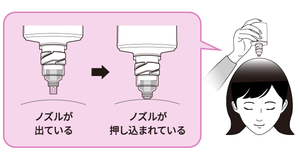 逆さにした状態のまま、ボトル先端のノズルを頭皮に垂直にしっかりと押し当ててください。ノズルが押し込まれ、計量部の薬液が１回分（１mL）になります。