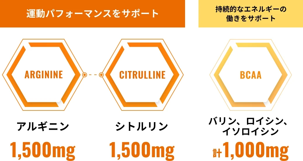 運動パフォーマンスをサポート アルギニン1,500mg シトルリン1,500mg/持続的なエネルギーの動きをサポート バリン、ロイシン、イソロイシン計1,000mg