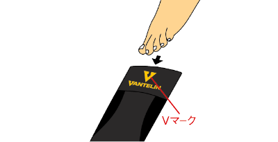 X字型編みがふくらはぎ側にくるように、Vマークの方から脚を通してください。